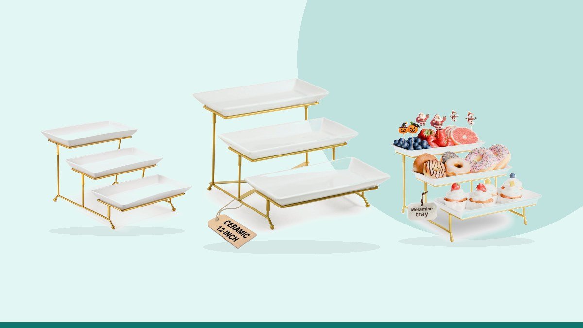 Best gold tiered serving tray – LAUCHUH 3 Tier Serving Tray, Porcelain Serving Platter